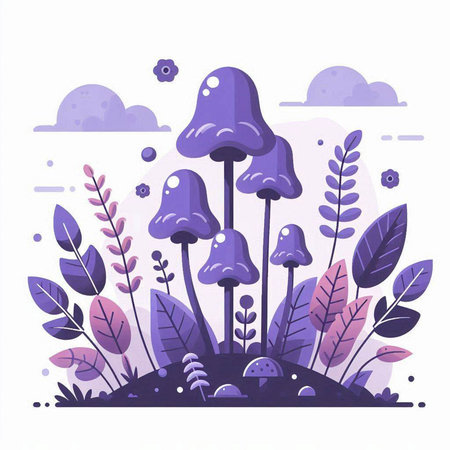 Fantasy landscape with magic mushrooms in flat style. Vector illustration.のイラスト素材