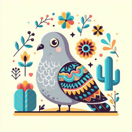 Pigeon with flowers and cactuses. Vector illustration.のイラスト素材