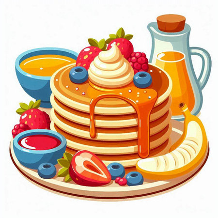 Pancakes with berries, honey and syrup. Vector illustration.のイラスト素材
