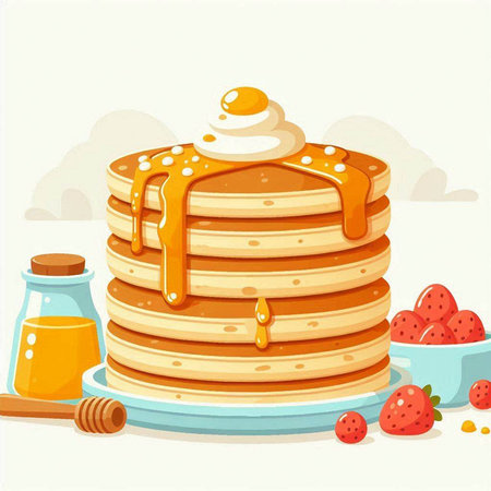 Illustration of a stack of pancakes with honey on a white backgroundのイラスト素材