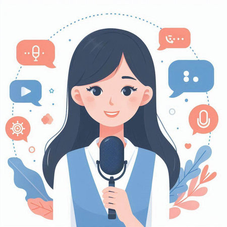 Young woman with microphone and speech bubbles. Vector illustration in a flat styleのイラスト素材