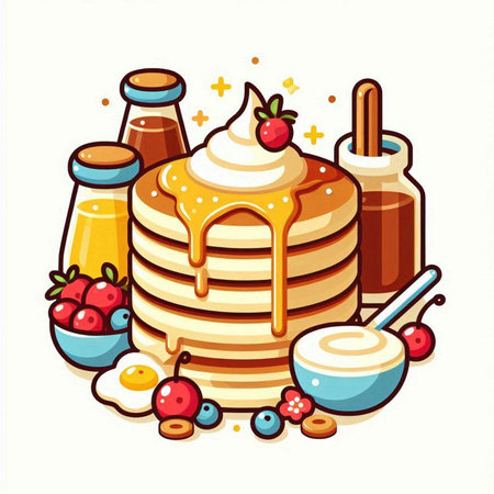 Pancakes with syrup, berries and eggs. Vector illustration.のイラスト素材