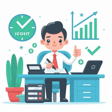 Businessman working at office. Flat style vector illustration. Business concept.のイラスト素材