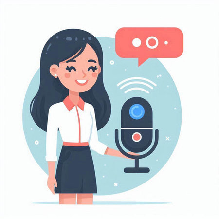 Cartoon woman with microphone and speech bubble. Flat design vector illustration.のイラスト素材