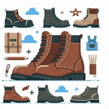 Set of hiking boots and accessories. Vector illustration in flat style.のイラスト素材