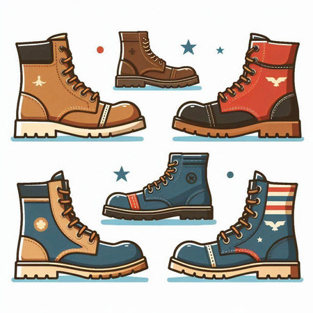 Vector illustration of a set of different types of winter boots. Cartoon style.のイラスト素材