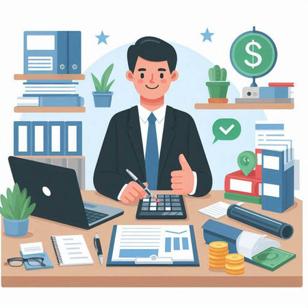Businessman working at office desk. Vector illustration in cartoon style.のイラスト素材