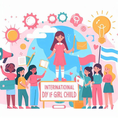 International Day of Knowledge, Education and Learning Vector Illustration. Cartoon Girl in Red Dress with Flag, Globe, Globe, Globe, Light Bulb and Text on White Backgroundのイラスト素材