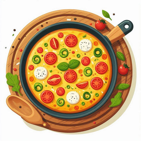 Illustration of a round pizza in a pan on a white backgroundのイラスト素材