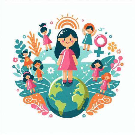 Vector illustration of girl and children around the world. Flat design.のイラスト素材