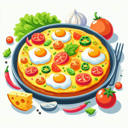 Illustration of pizza with eggs, tomatoes and basil on a white backgroundのイラスト素材
