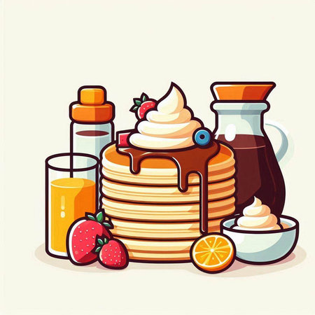 Pancakes with cream and fruits. Vector illustration in cartoon style.のイラスト素材