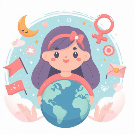 Vector illustration of happy girl with globe. Happy earth day concept.のイラスト素材