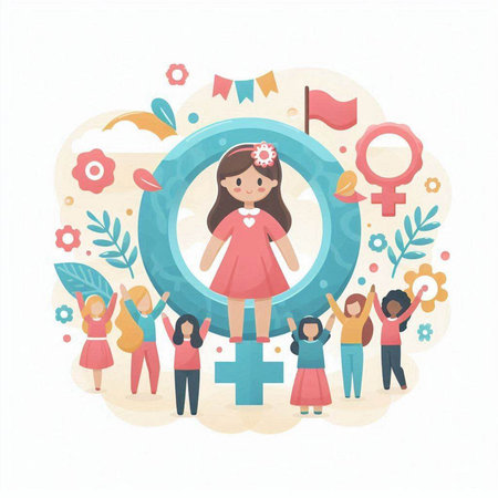 Girl with female gender symbol. Feminism concept. Vector illustration.のイラスト素材