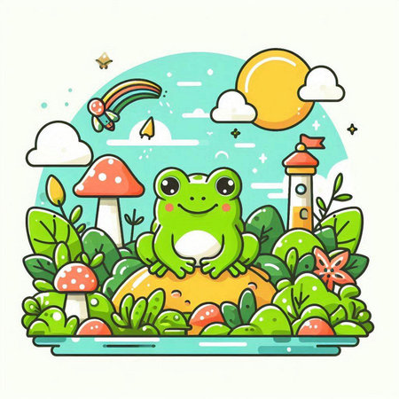 Cute frog in the garden. Vector illustration of a cartoon frog.のイラスト素材