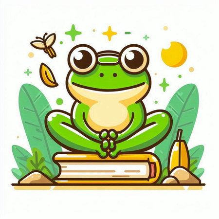 Cute frog sitting on a stack of books. Vector illustration.のイラスト素材