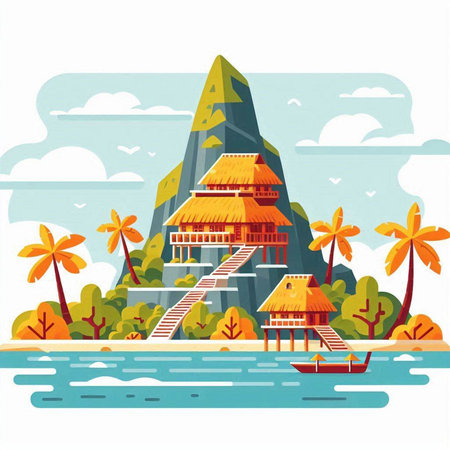 Tropical island in flat style. Landscape with palm trees, house and boat. Vector illustrationのイラスト素材