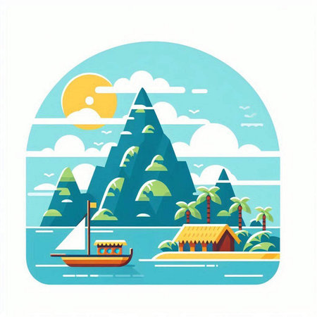 Vector illustration of a tropical island with palm trees and a boat.のイラスト素材