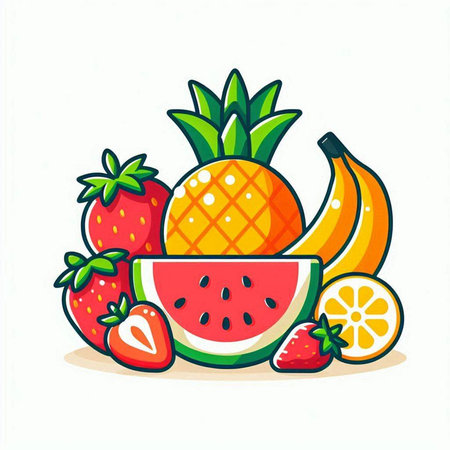 Fruit vector illustration, cartoon style. Juicy summer fruits.のイラスト素材