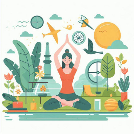 Flat design vector illustration concept of healthy lifestyle, yoga, meditation, fitness, healthy lifestyle, harmony and balance.のイラスト素材