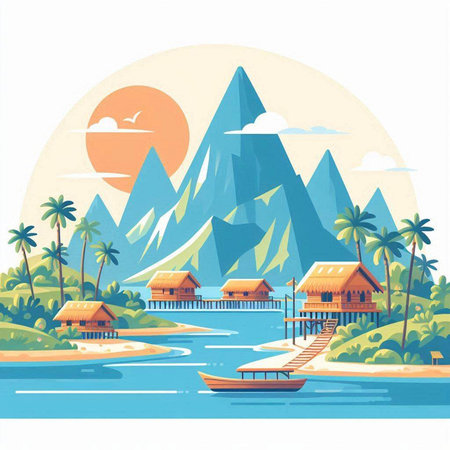 Vector illustration of a tropical island in the sea with bungalows.のイラスト素材