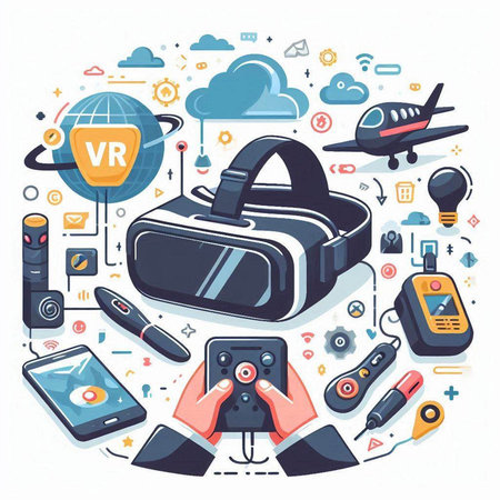 Virtual reality concept. Vector illustration in line art style on white backgroundのイラスト素材