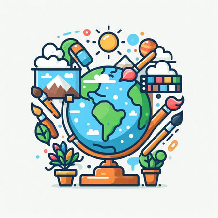 Flat line art drawing of a globe with school supplies. Vector illustrationのイラスト素材