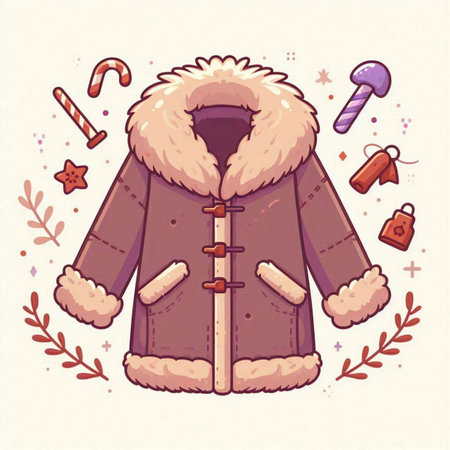 Vector illustration of fur coat and Christmas decorations. Winter clothing icon.のイラスト素材