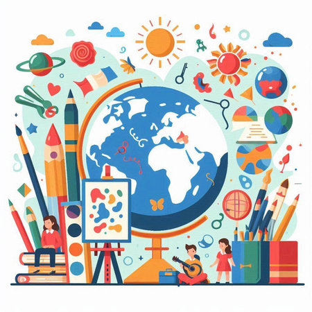 Vector illustration of school education concept. Flat design of globe, books, pencils, globe, ukulele, rocket, globe and other elements.のイラスト素材