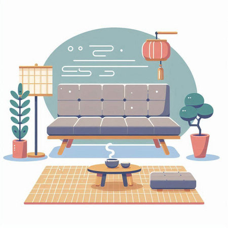 Illustration of a cozy living room with a sofa, a coffee table and a potted plantのイラスト素材