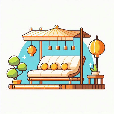 Vector illustration of a cozy wooden bench with cushions and a canopy.のイラスト素材