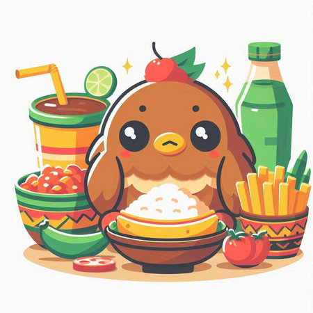 Cute cartoon chicken with rice bowl and food. Vector illustration.のイラスト素材