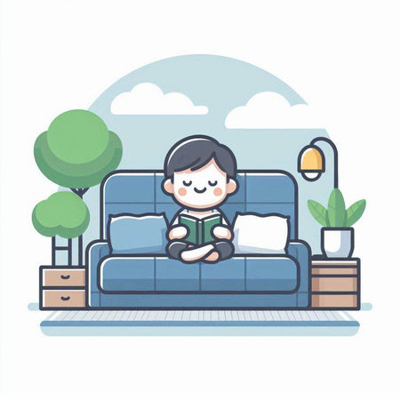 Illustration of a man reading a book on the sofa at homeのイラスト素材