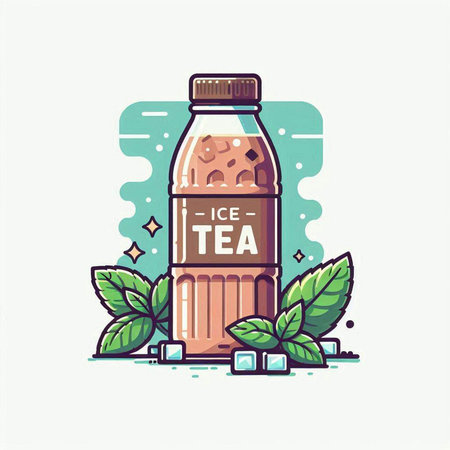 Vector illustration of a bottle of iced tea with mint leaves.のイラスト素材