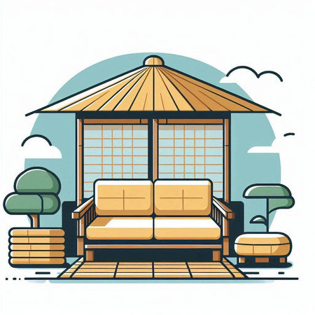 Sofa and umbrella in the garden. Vector illustration in cartoon style.のイラスト素材