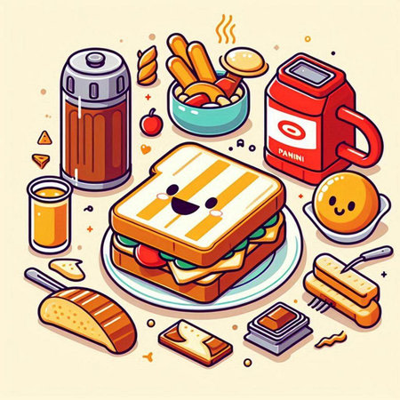 Vector cartoon illustration of breakfast with sandwich, coffee, orange juice, bread and milk.のイラスト素材