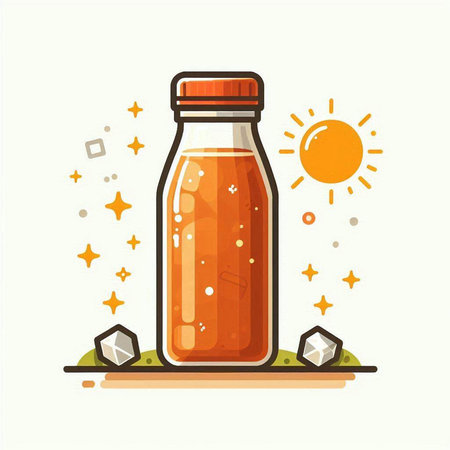 Bottle of orange juice with ice cubes and sun. Vector illustration.のイラスト素材