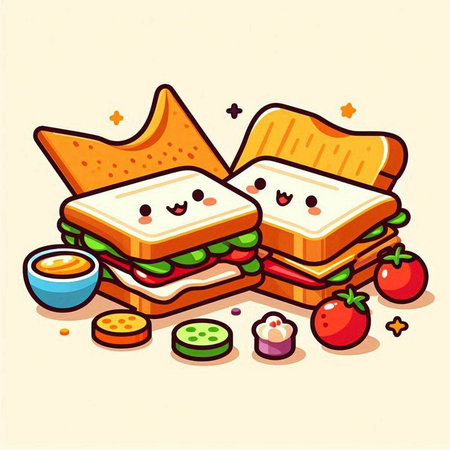 Illustration of a set of sandwiches with cheese, kawaii charactersのイラスト素材