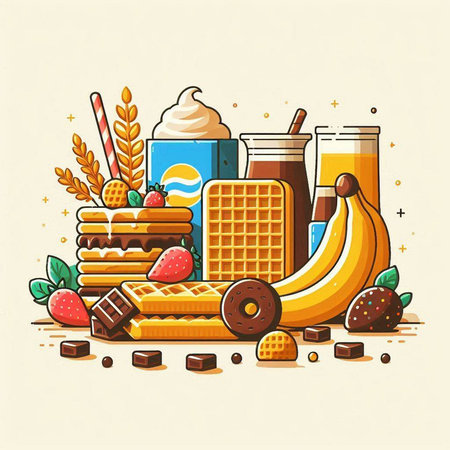 Illustration of a set of different sweet products for breakfast. Vector illustrationのイラスト素材