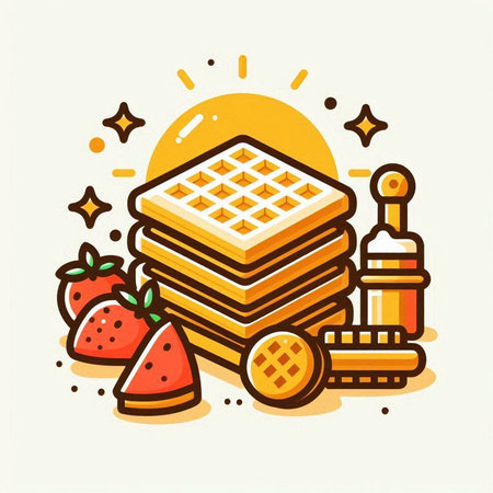 Belgian waffles with honey and strawberries. Vector illustration in flat style.のイラスト素材