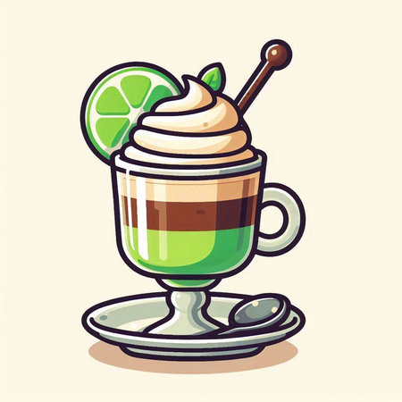 Coffee cup with whipped cream and lime. Vector illustration.のイラスト素材