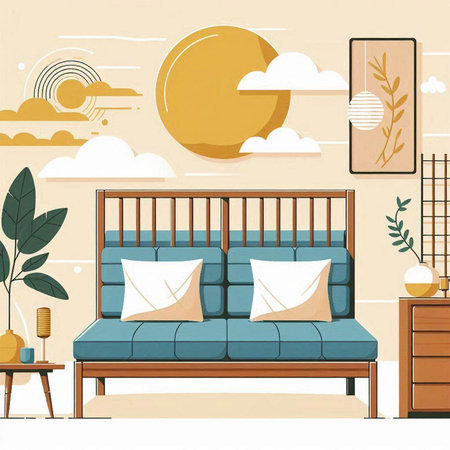 Vector illustration of a cozy bedroom with a bed, pillows and a lampのイラスト素材