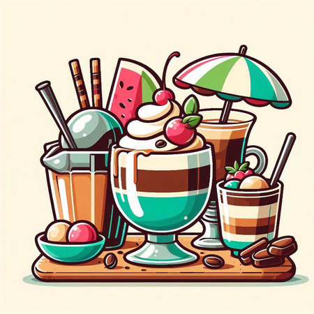 Vector illustration of ice cream in a glass with fruits and berries.のイラスト素材