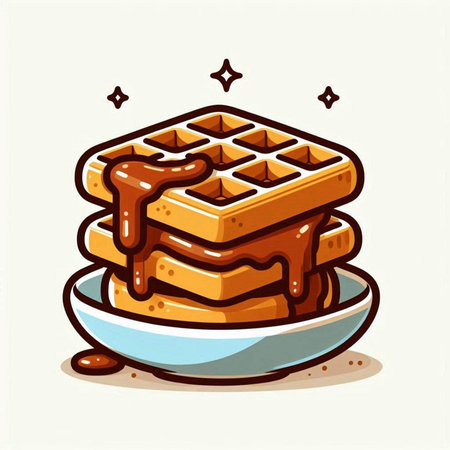 Vector illustration of a stack of belgian waffles with chocolate syrup.のイラスト素材