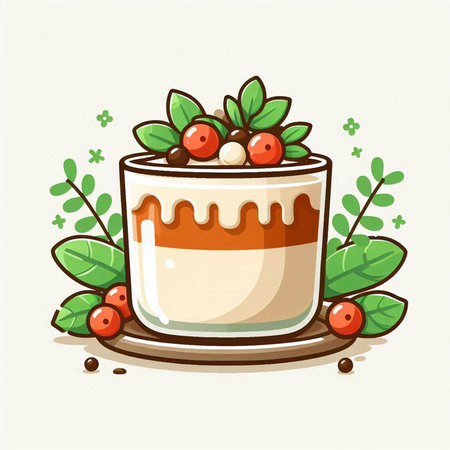 Panna cotta in a glass with berries and leaves. Vector illustration.のイラスト素材