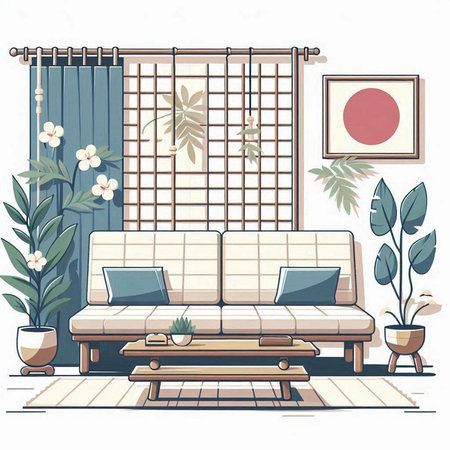 Modern living room interior with sofa, plants, window, curtains. Vector illustration.のイラスト素材