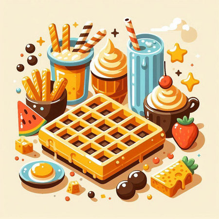 Belgian waffles, ice cream and chocolate candies. Vector illustrationのイラスト素材