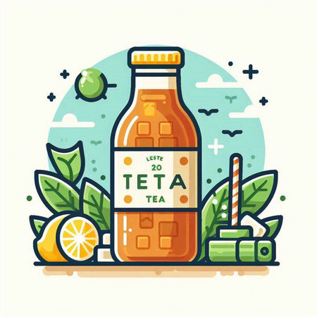 Vector illustration of a bottle of tea with lemon and mint leaves.のイラスト素材