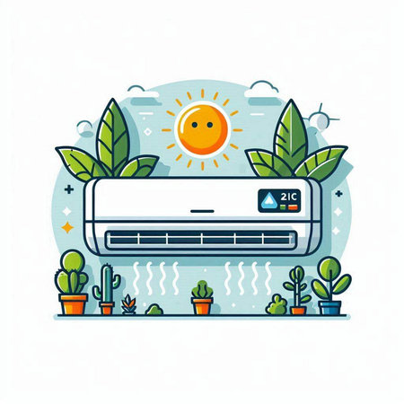 Air conditioner with sun and plants. Modern flat vector illustration.のイラスト素材