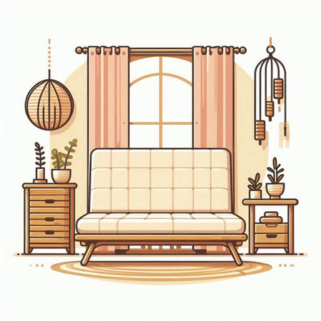 Living room interior with sofa, armchair, bookshelf, plants and lamps. Cartoon vector illustration.のイラスト素材